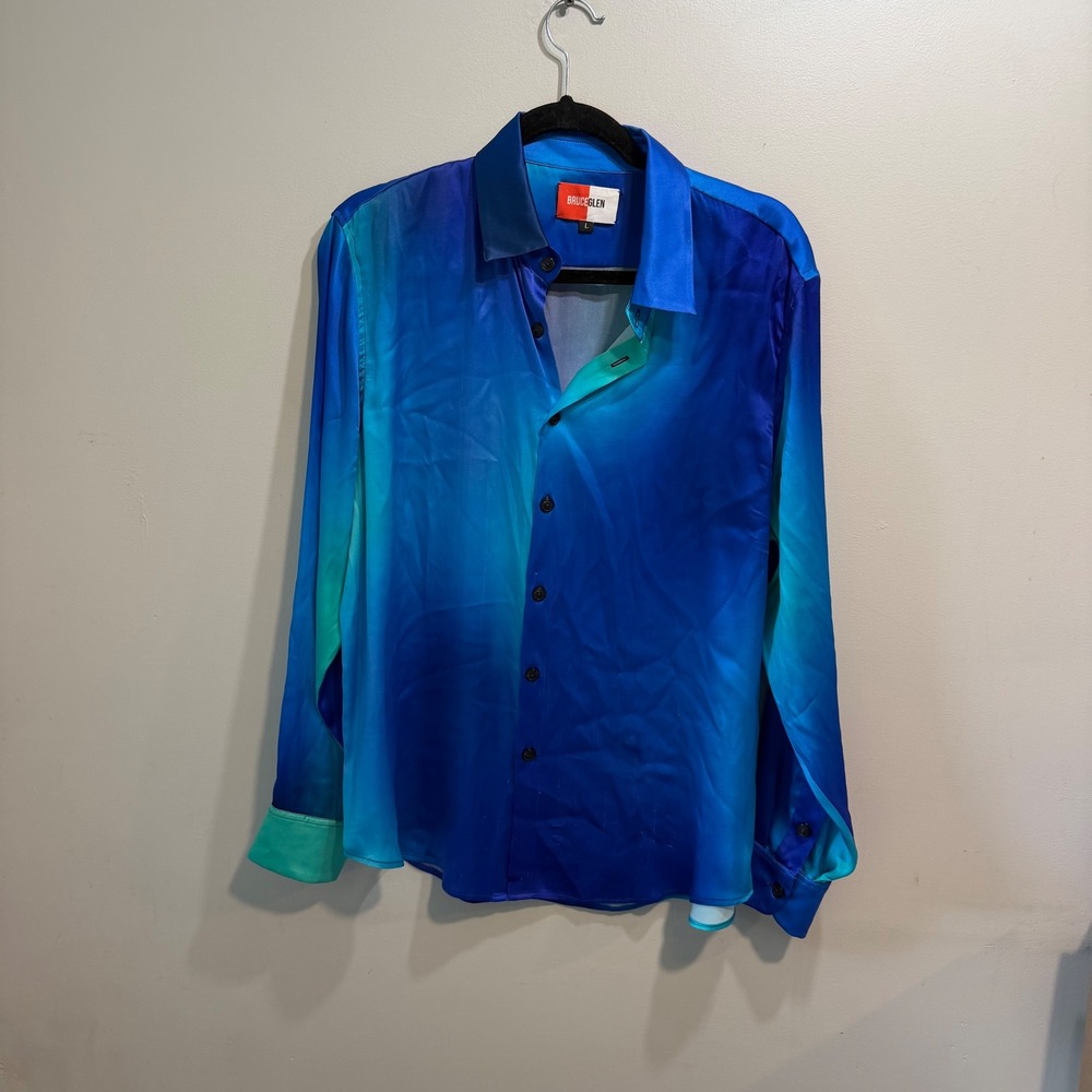 BruceGlen Mens Blue Teal Ombre Silk Blend Satin Button Down Shirt Large As Is